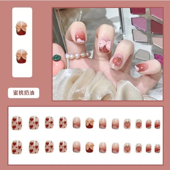 24pcs peach pink tie bow press on nails short - Picture 2 of 2